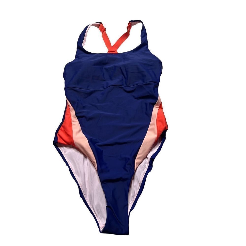 Title Nine Women's Blue Orange Swimsuit High Waist One Piece Swimwear Small